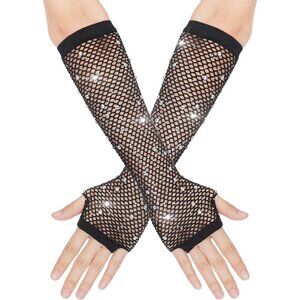 Women's Black Punk Fish Net Arm Long Sleeve Rhinestone Gloves Costume Halloween